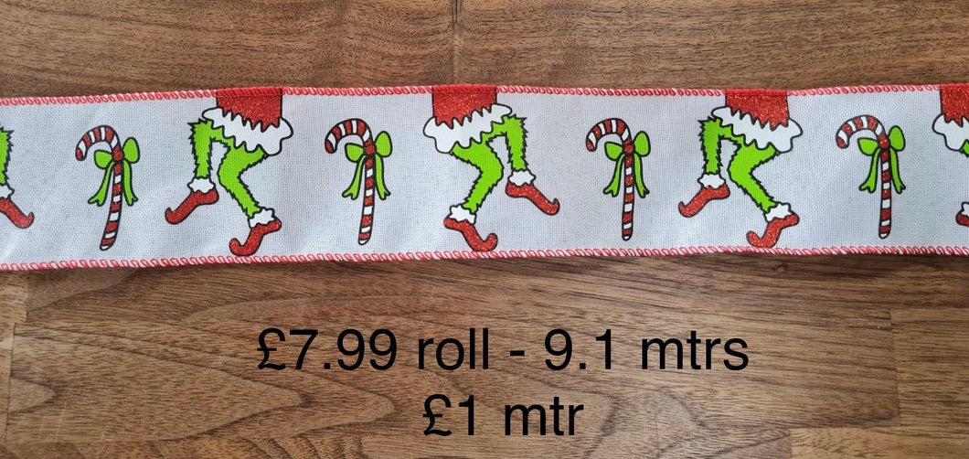 63mm Wired Green Monster Christmas Ribbon