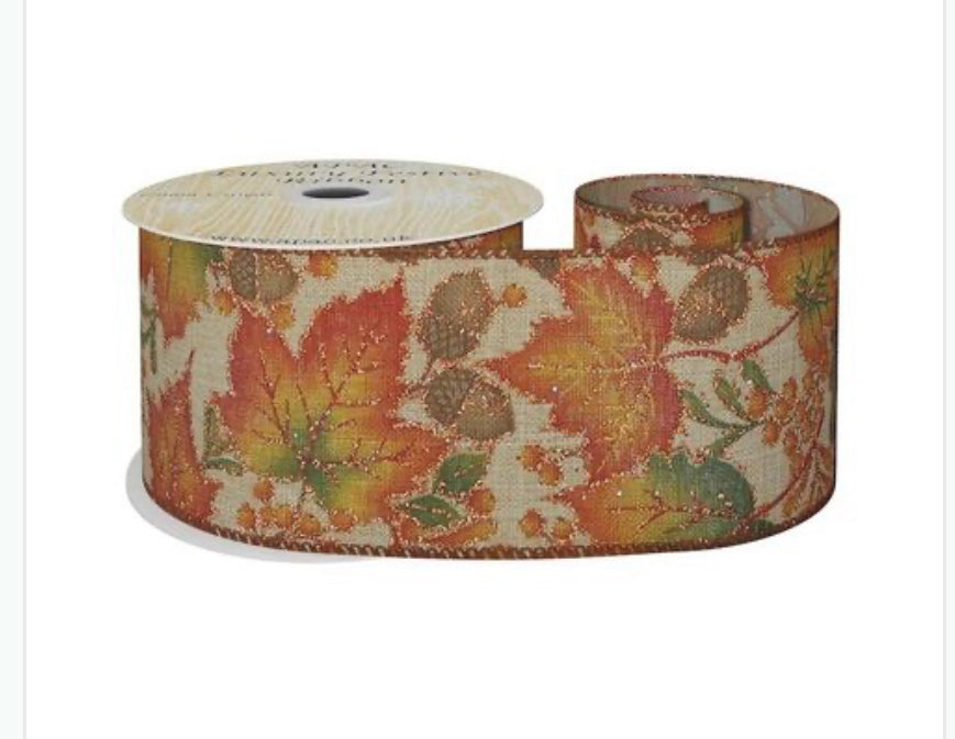 Wired Natural Ribbon with Autumn Leaf & Acorns