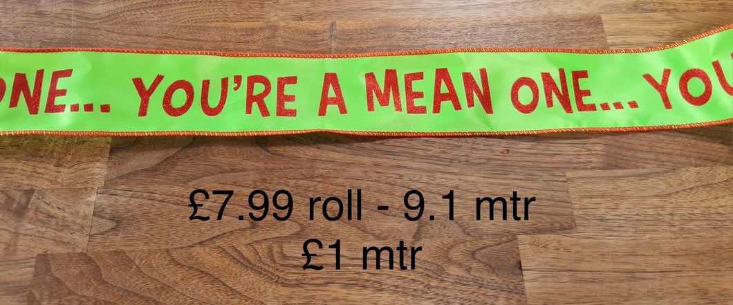 63mm Christmas Green Monster Wired Ribbon  Per Metre