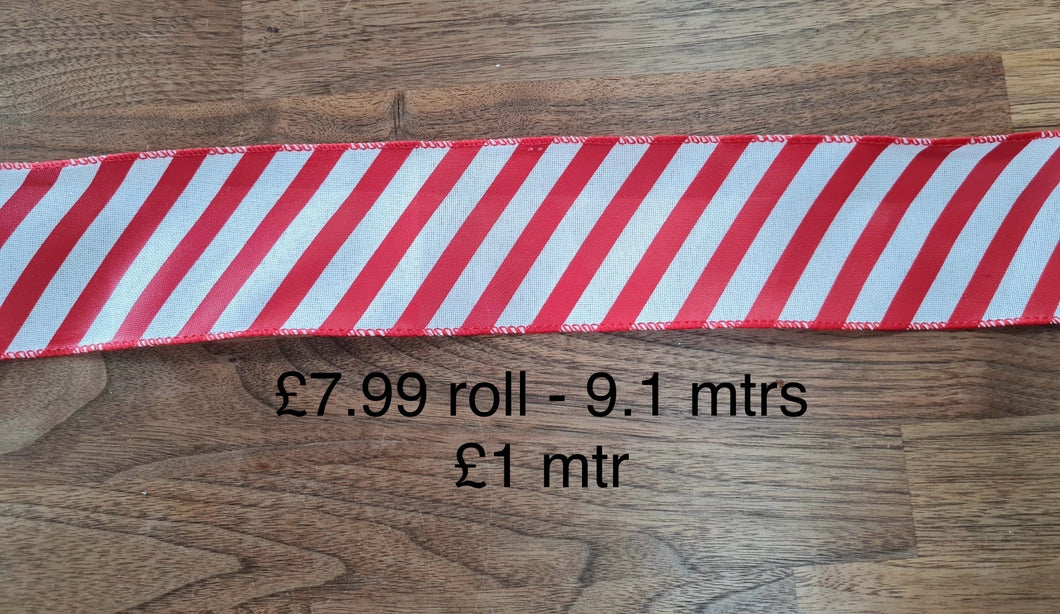 63mm Wired Candy Cane Ribbon  Per Metre