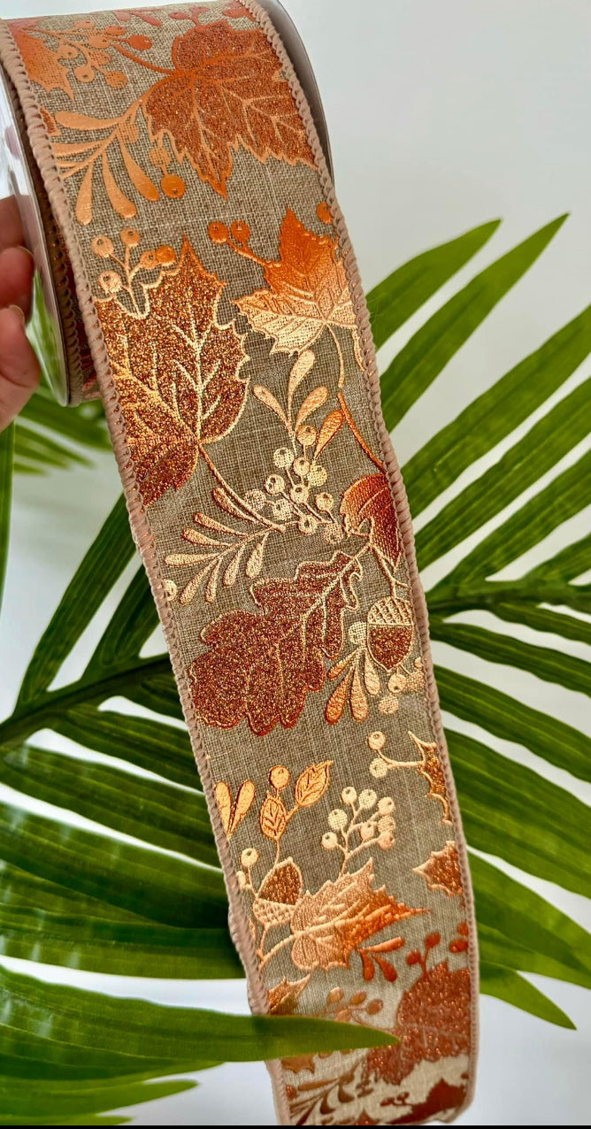 Wired Metallic Gilded Leaf Autumn Ribbon 2.5” - £1 mtr