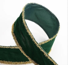 Load image into Gallery viewer, Bottle Green Velvet Wired Gold Tinsel Edge Christmas Ribbon 2.5&quot;
