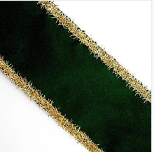 Load image into Gallery viewer, Bottle Green Velvet Wired Gold Tinsel Edge Christmas Ribbon 2.5&quot;
