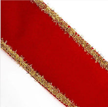 Load image into Gallery viewer, Red Velvet Wired Gold Tinsel Edge Christmas Ribbon 2.5&quot;
