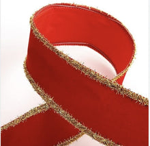 Load image into Gallery viewer, Red Velvet Wired Gold Tinsel Edge Christmas Ribbon 2.5&quot;
