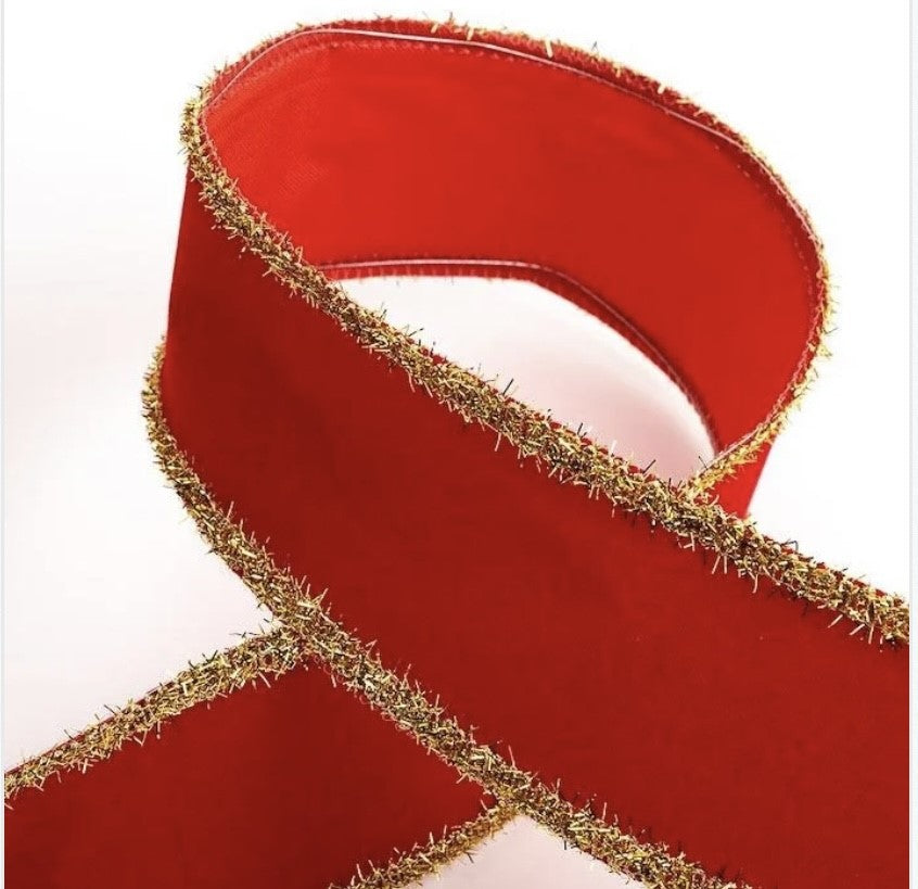 Red Velvet Wired Gold Tinsel Edge Christmas Ribbon 2.5