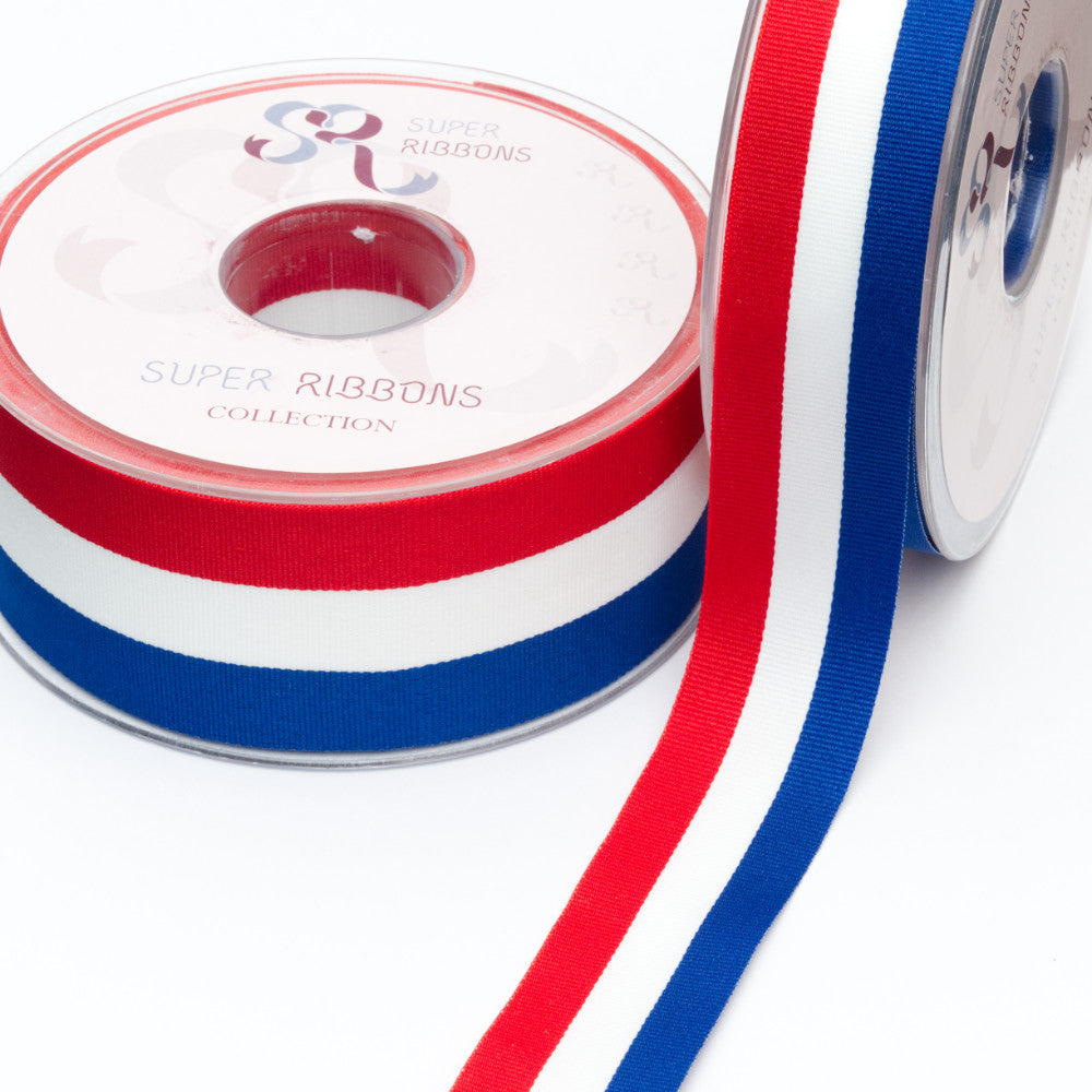 25mm Width Tri Colour Red White and Blue Stripe Ribbon