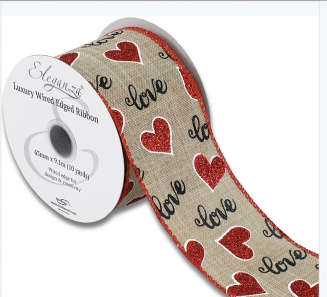 Wired Glitter Heart/Love Natural Ribbon 63mm x 9.1m