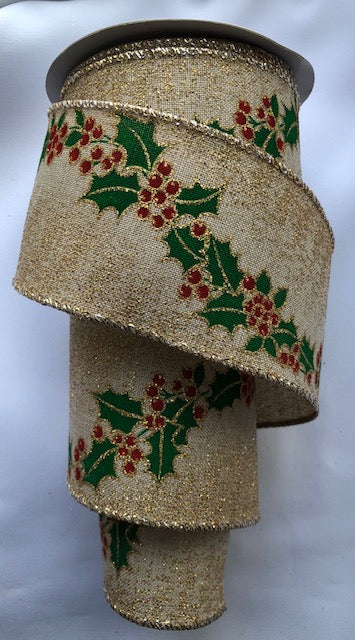 Christmas Hessian Glitter Holly Wired Ribbon 2.5