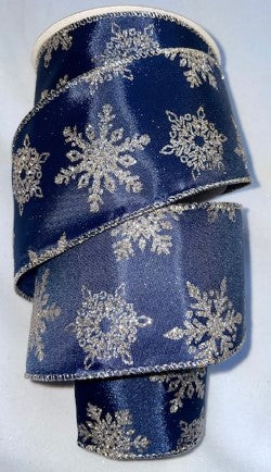 Dark Blue and Gold Christmas Snowflake Wired Ribbon 2.5