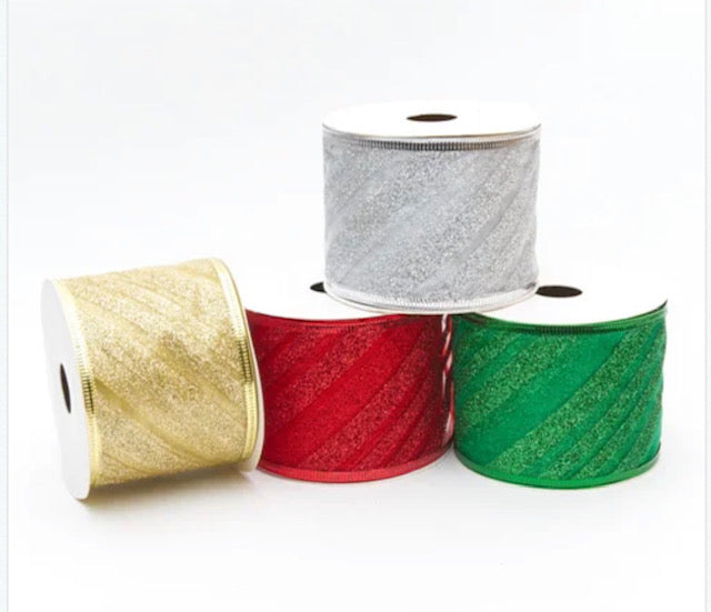 Christmas Organza  Glitter Stripe Wired Ribbon 2.5